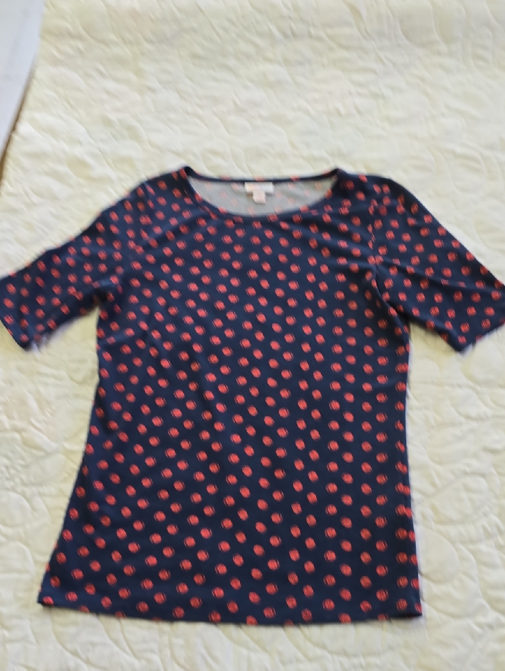 LuLaRoe Gigi Navy Top with Coral Dot Motif